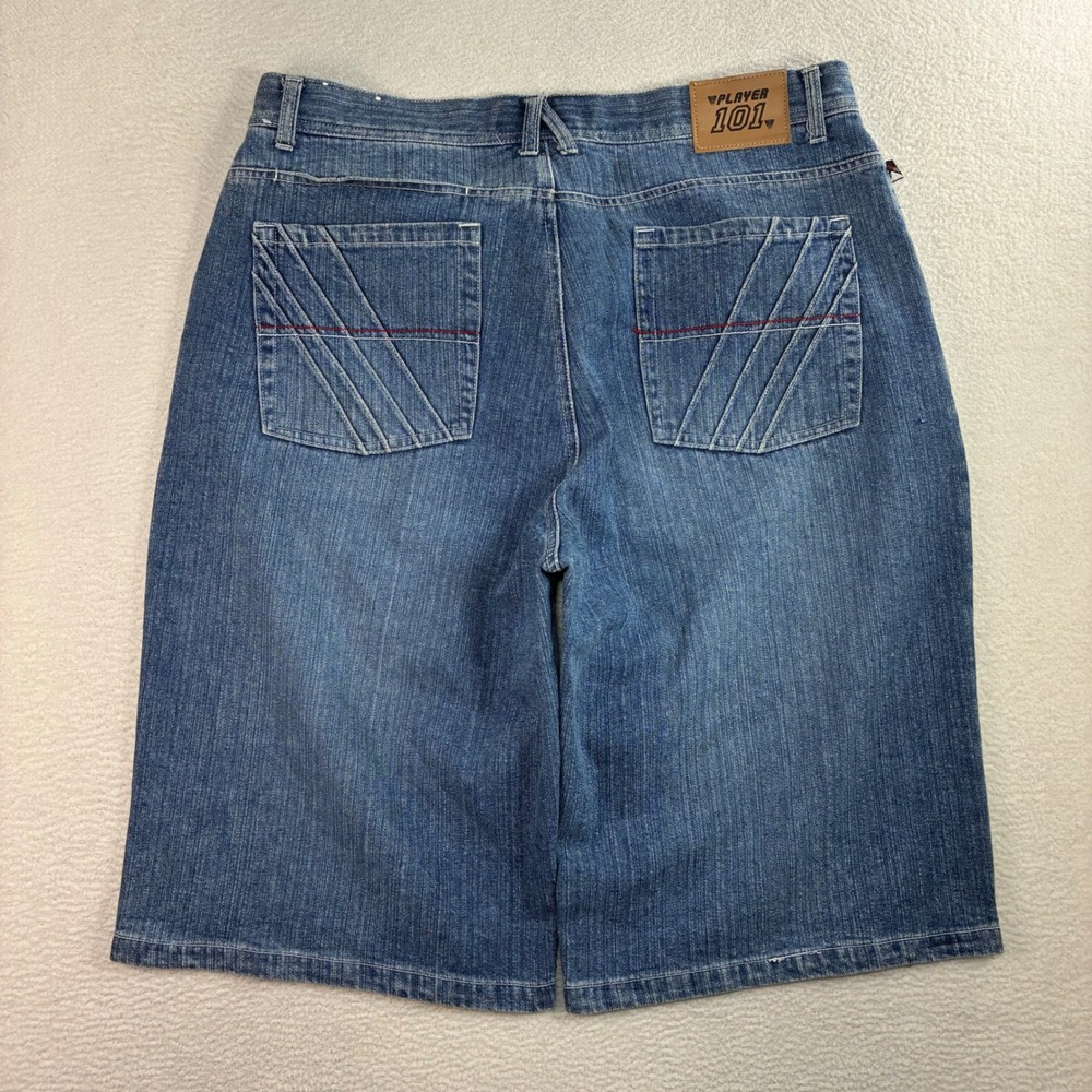 Y2K Baggy Jorts Men 38x14 Blue Embroidered Denim Jean Shorts Player 101 Loose